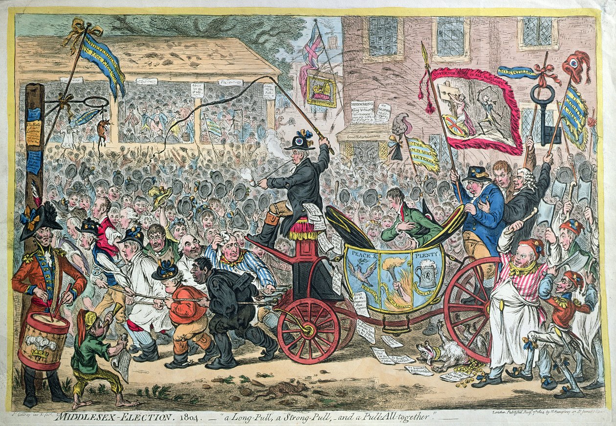 Middlesex Election, 1804, aneb A Long Pull, a Strong Pull, and a Pull Alltogether, publikovala Hannah Humphrey v roce 1804 (ručně kolorovaný lept) od James Gillray