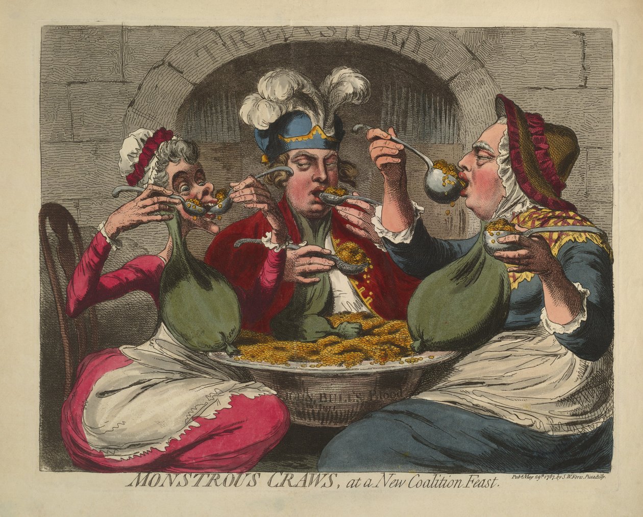 Monstrous Craws, na Novokoaliční hostině, hospoda. 1787 (ručně kolorovaná rytina) od James Gillray