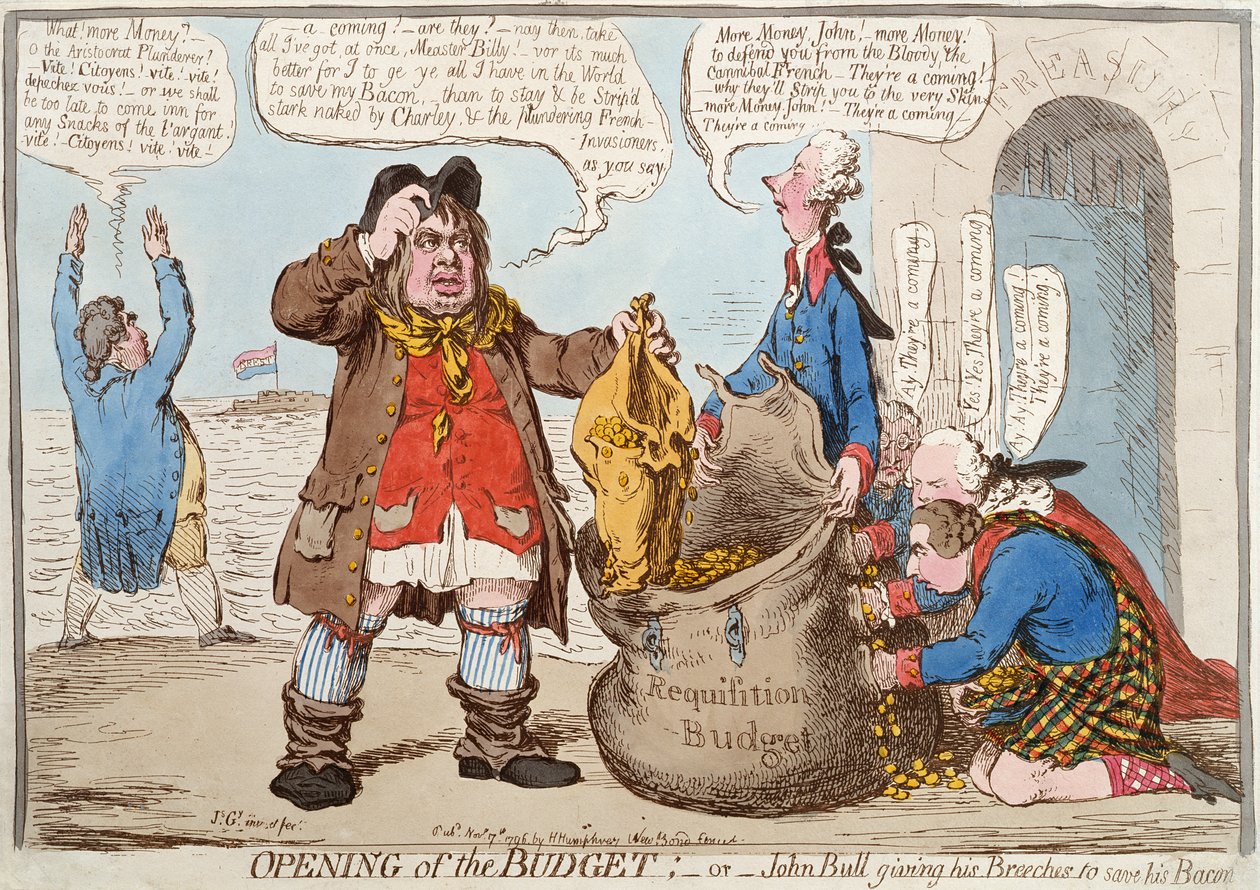 Opening of the Budget aneb John Bull Giving his Breeches to Save his Bacon, publikováno 17. listopadu 1796 od James Gillray