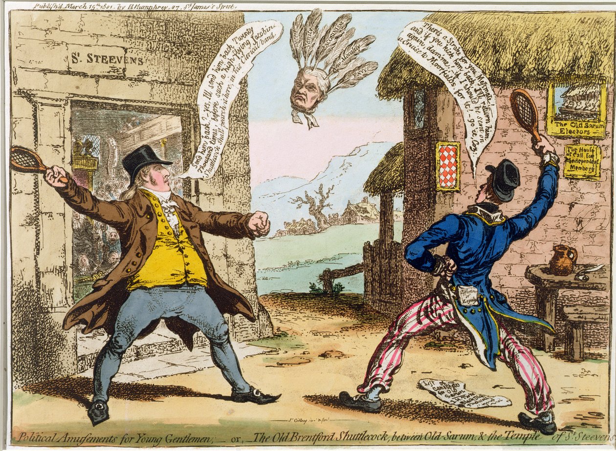 Political Amusements for Young Gentlemen, aneb The Old Brentford Shuttlecock, mezi Old Sarum a Temple of St. Steevens, vydané Hannah Humphrey v roce 1801 (ručně kolorovaný lept) od James Gillray