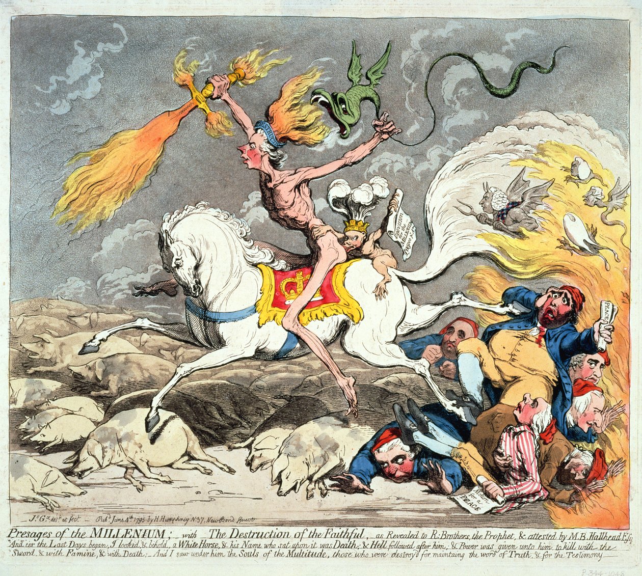 Presages of the Millennium, vydáno 1795 (ručně kolorovaný lept) od James Gillray