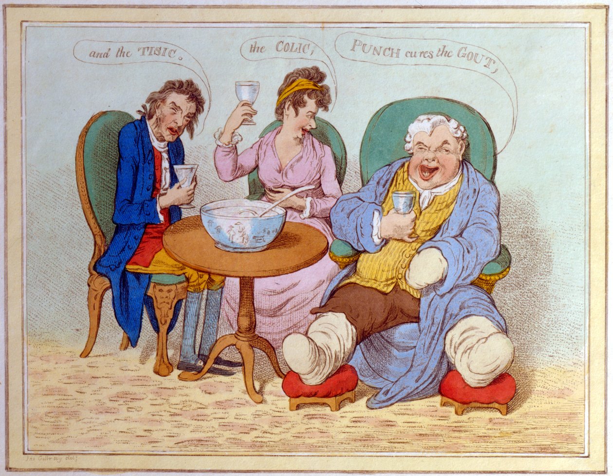 Punch léčí dnu, koliku a tisic (barevný lept) od James Gillray