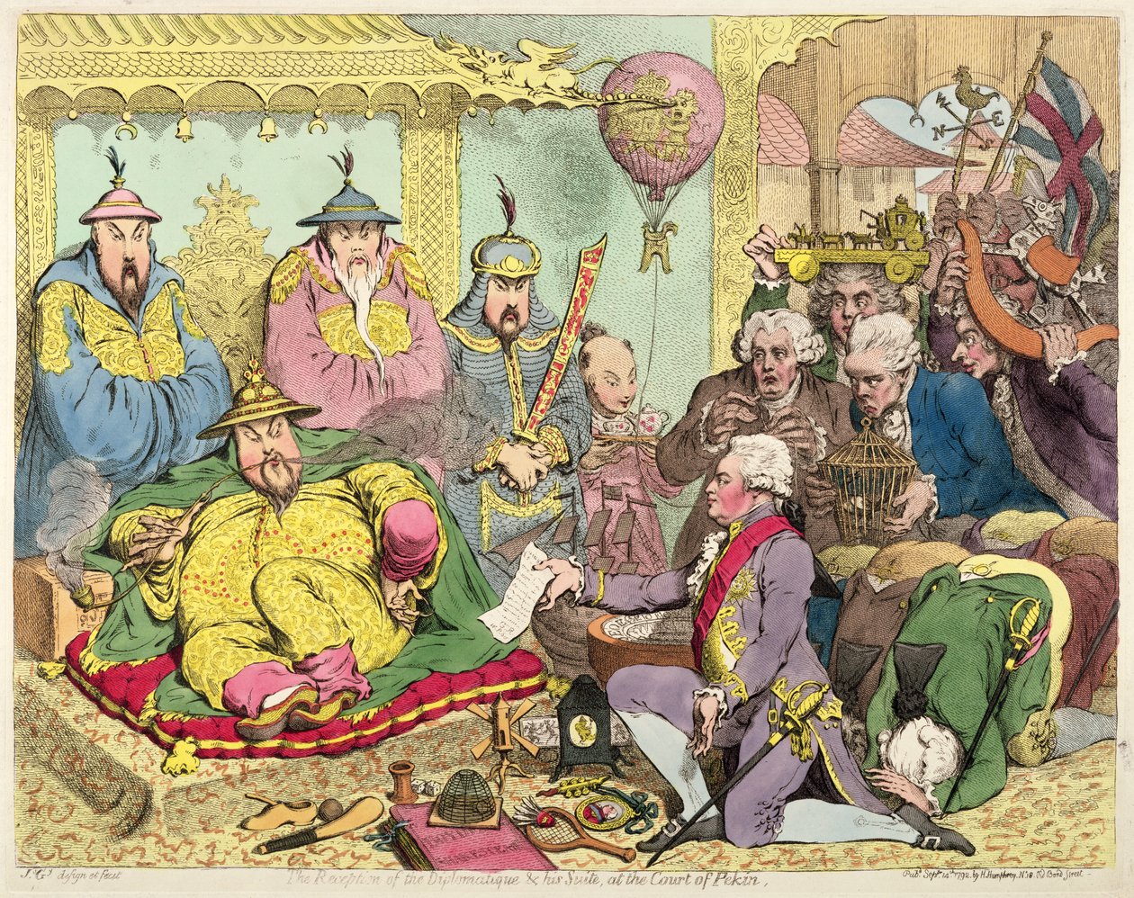 Recepce diplomata a jeho apartmá u Pekinského dvora, kolem roku 1793 (barevný lept) od James Gillray