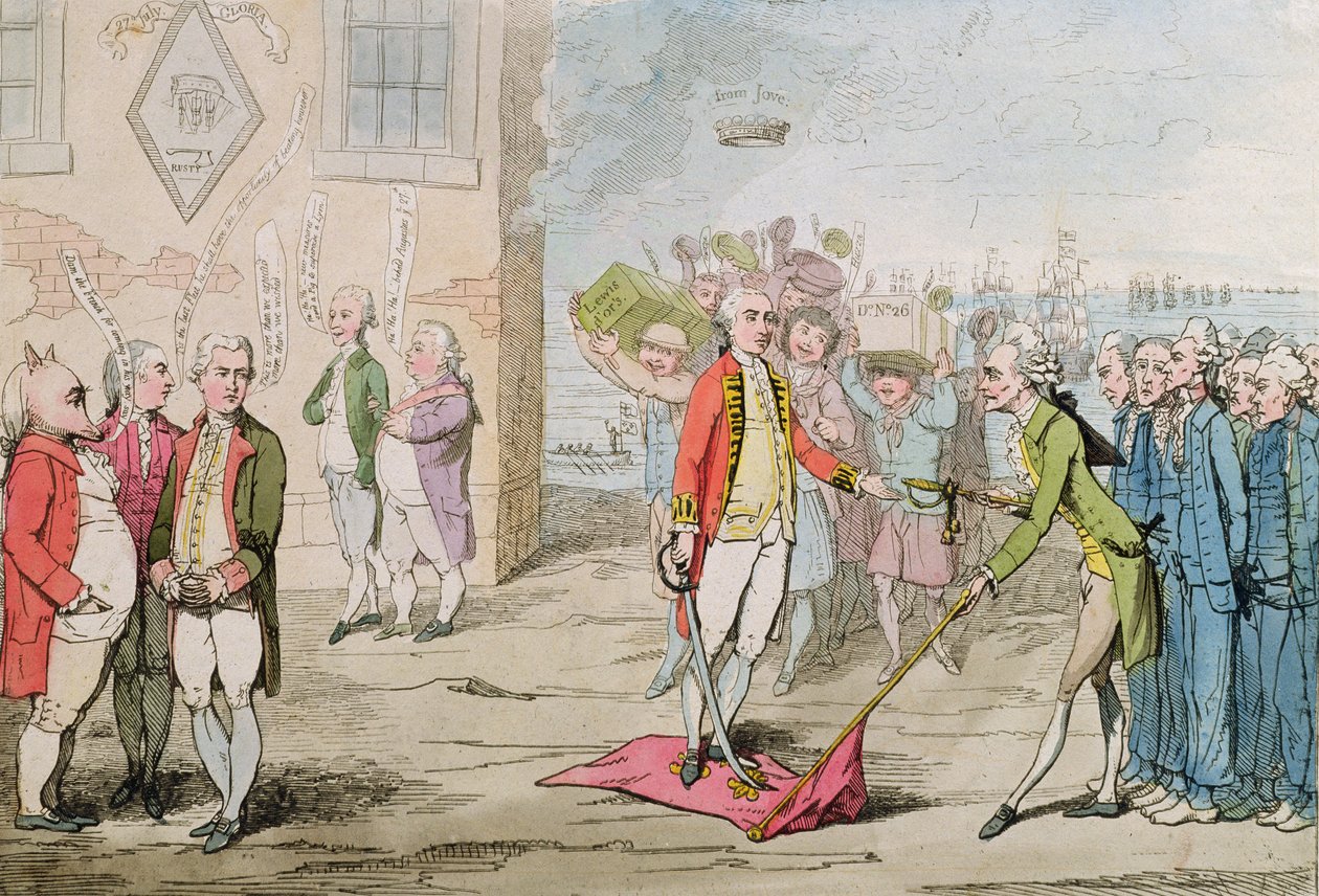 Rodney Triumphant, neboli admirál Lee-Shore in the Dumps, 1782 (ručně kolorovaný lept) od James Gillray