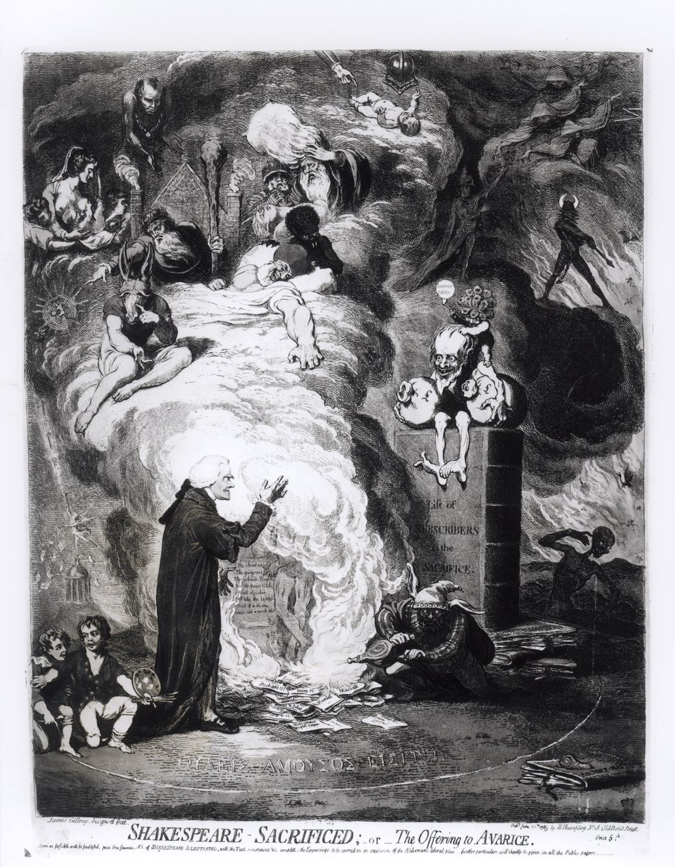 Shakespeare Sacrifified, neboli Obětování hrabivosti, vydané v roce 1789 od James Gillray