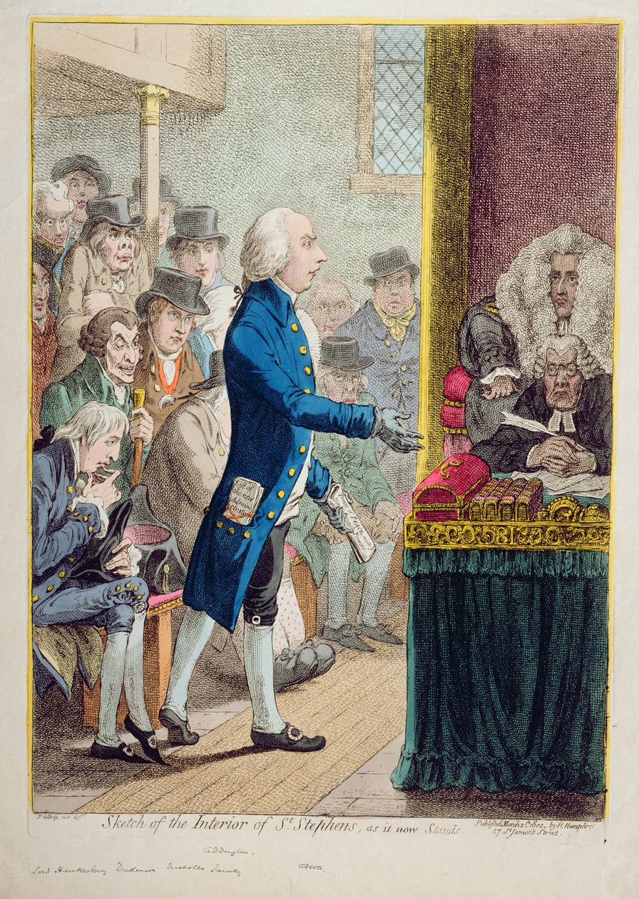 Náčrt interiéru sv. Štěpána v současné podobě, vydaný Hannah Humphrey v roce 1802 (ručně kolorovaný lept s rytinou) od James Gillray