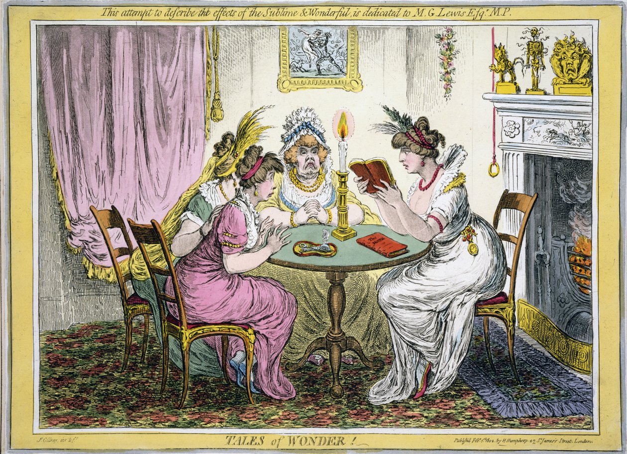 Tales of Wonder! Tento pokus popsat účinky Sublime and Wonderful je věnován MG Lewis Esq MP, hospoda. H Humprey, Londýn, 1802 (ručně kolorovaná rytina) od James Gillray