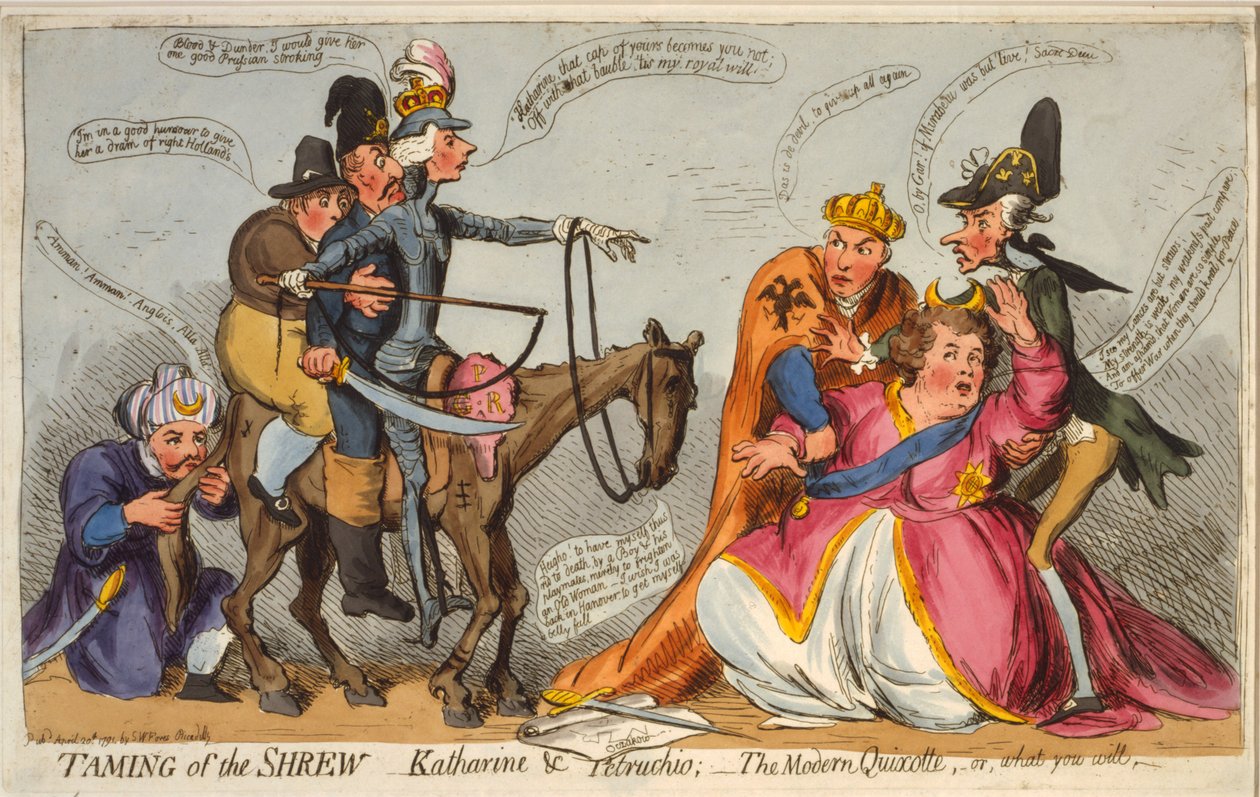 Zkrocení zlé ženy, Kateřina a Petruchio, Moderní Quijote nebo jak chcete, 1791 (ručně kolorovaný lept) od James Gillray