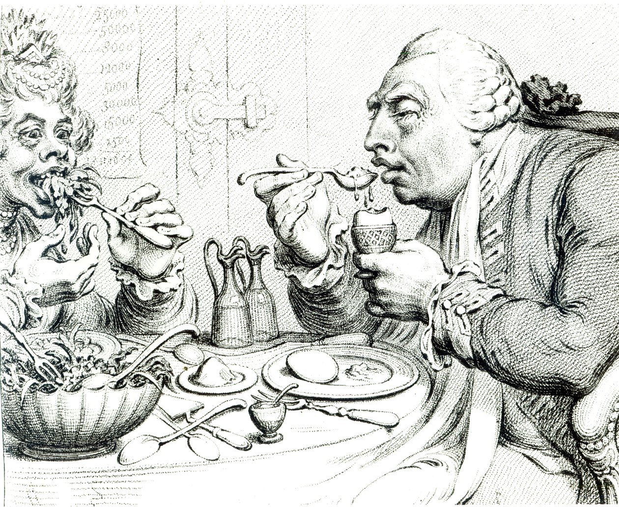 Temperance Enjoying a Frugal Meal, karikatura Jiřího III. a královny Charlotte (černobílý tisk) od James Gillray