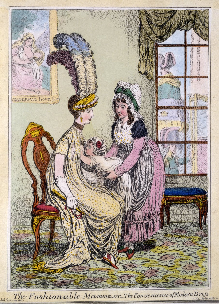 Módní maminka aneb Pohodlnost moderního oblékání, pub. Londýn 1796 (ručně kolorovaná rytina) od James Gillray