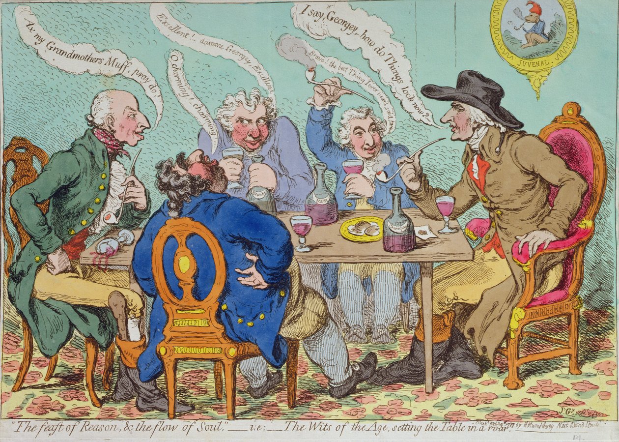 The Feast of Reason, und the Flow of the Soul - tedy The Wits of the Age, Prostřený stůl v řevu, vydal Hannah Humphrey v roce 1797 (ručně kolorovaný lept) od James Gillray