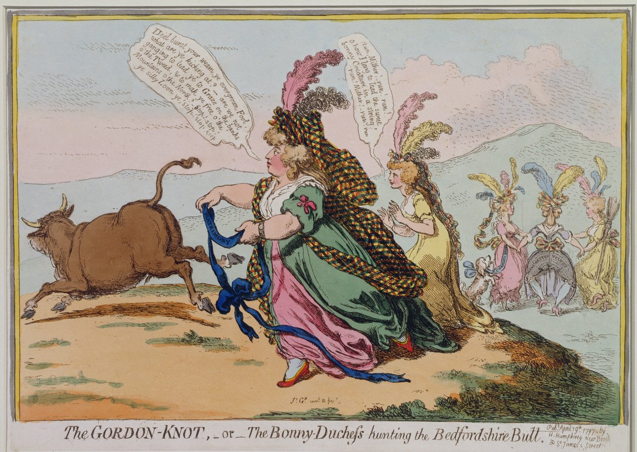 Gordon-Knot neboli The Bonny Duchess lovící bedfordského býka, kterou vydala Hannah Humphrey v roce 1797 (ručně kolorovaný lept) od James Gillray