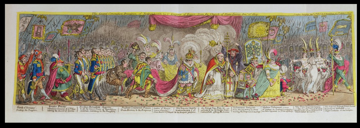 Velký korunovační průvod Napoleona, 1. francouzského císaře, z kostela Notre-Dame, 2. prosince 1804, vydáno 1805 (lept, rytina a akvatinta) od James Gillray