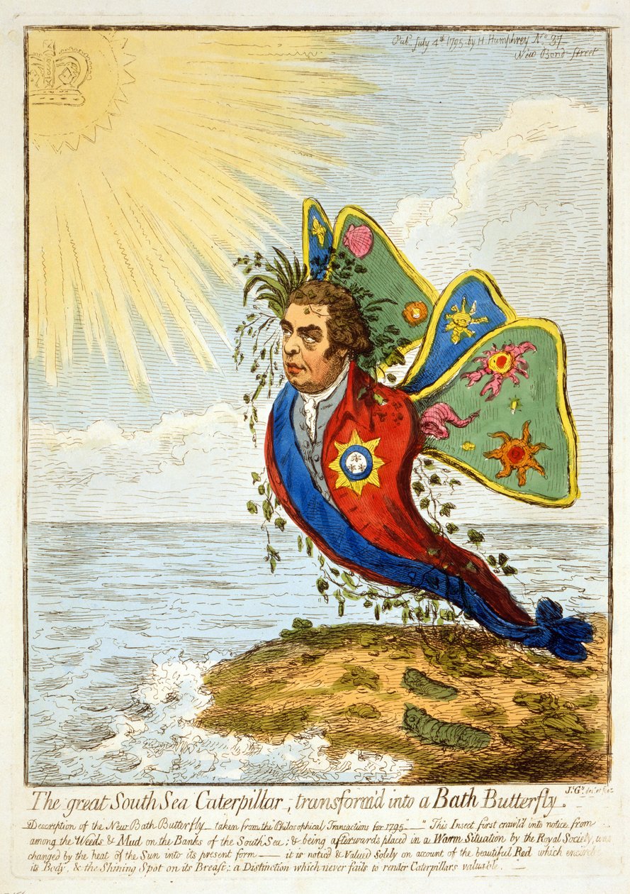 Velká housenka jižního moře, přeměněná na koupacího motýla, 1795 (ručně kolorovaná rytina) od James Gillray