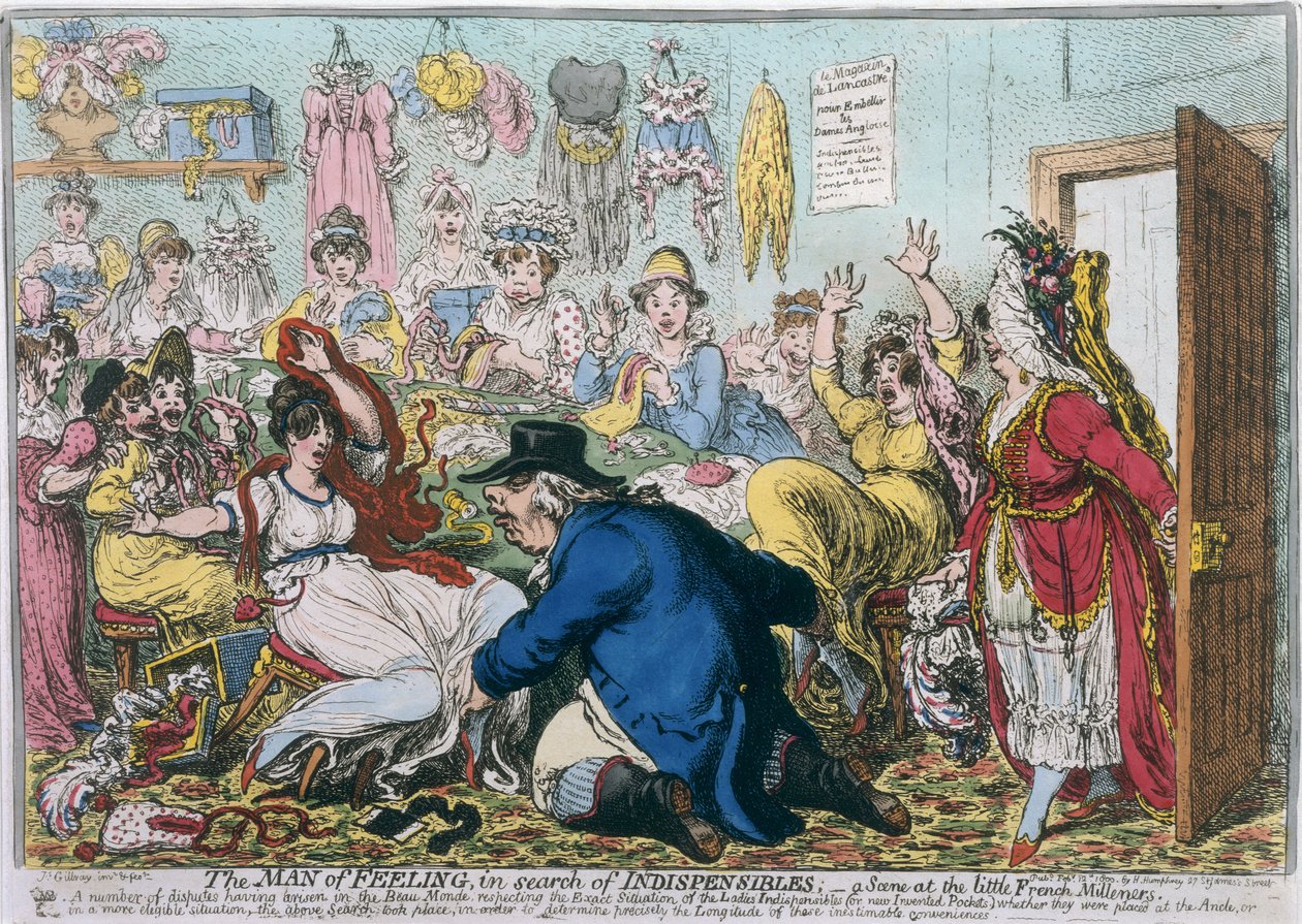 The Man of Feeling in Search of Postspensibles, aneb A Scene at the French Milliners, vydal Hannah Humphrey v roce 1800 (ručně kolorovaný lept) od James Gillray