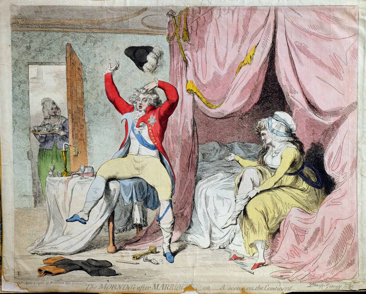 Ráno po svatbě aneb Scéna na kontinentu, vydal W, Holandsko v roce 1788 (ručně kolorovaný lept) od James Gillray