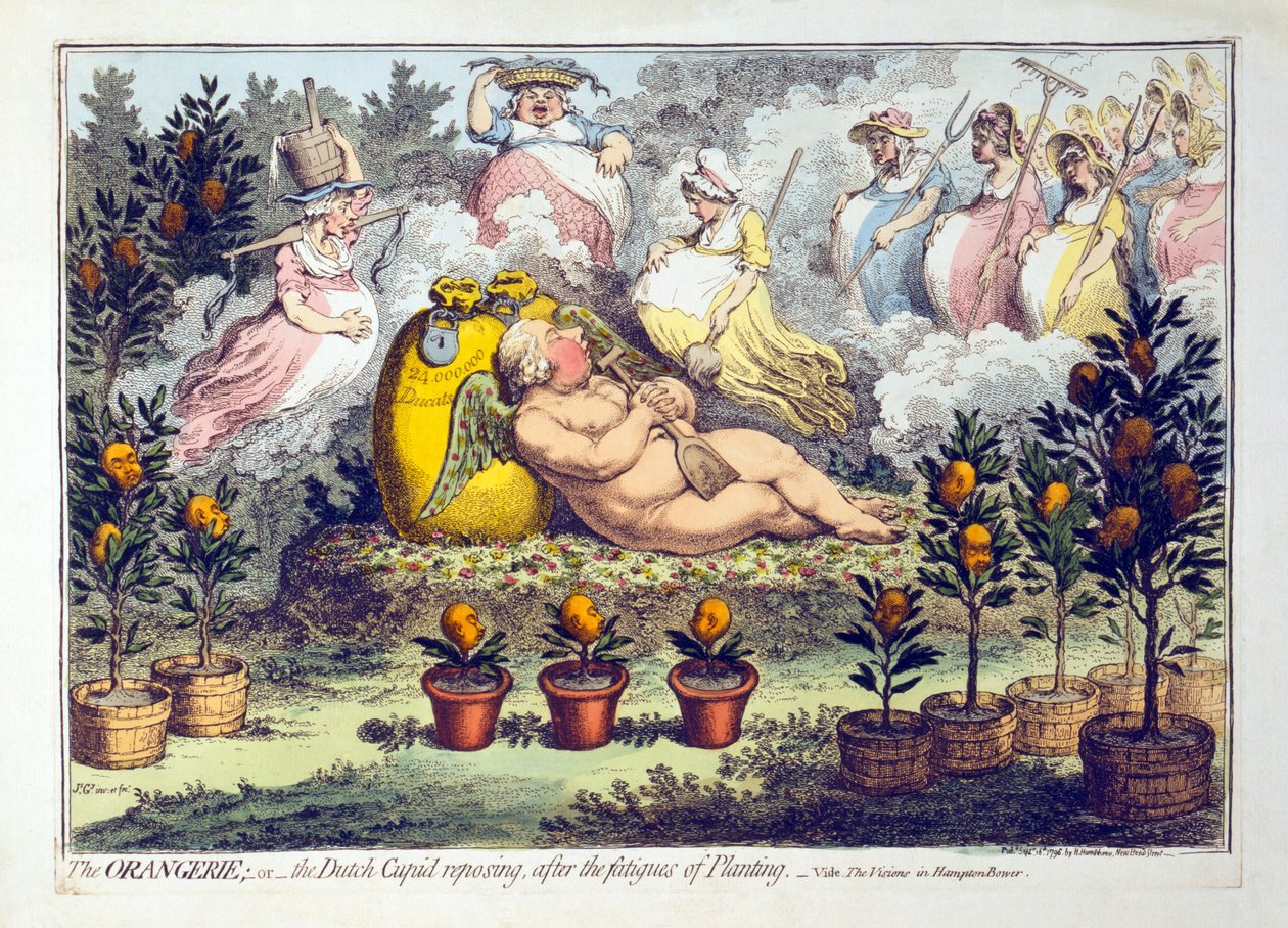 Oranžerie aneb Holandský Amor odpočívá po únavě při sázení, vydáno 1796 (ručně kolorovaná rytina) od James Gillray