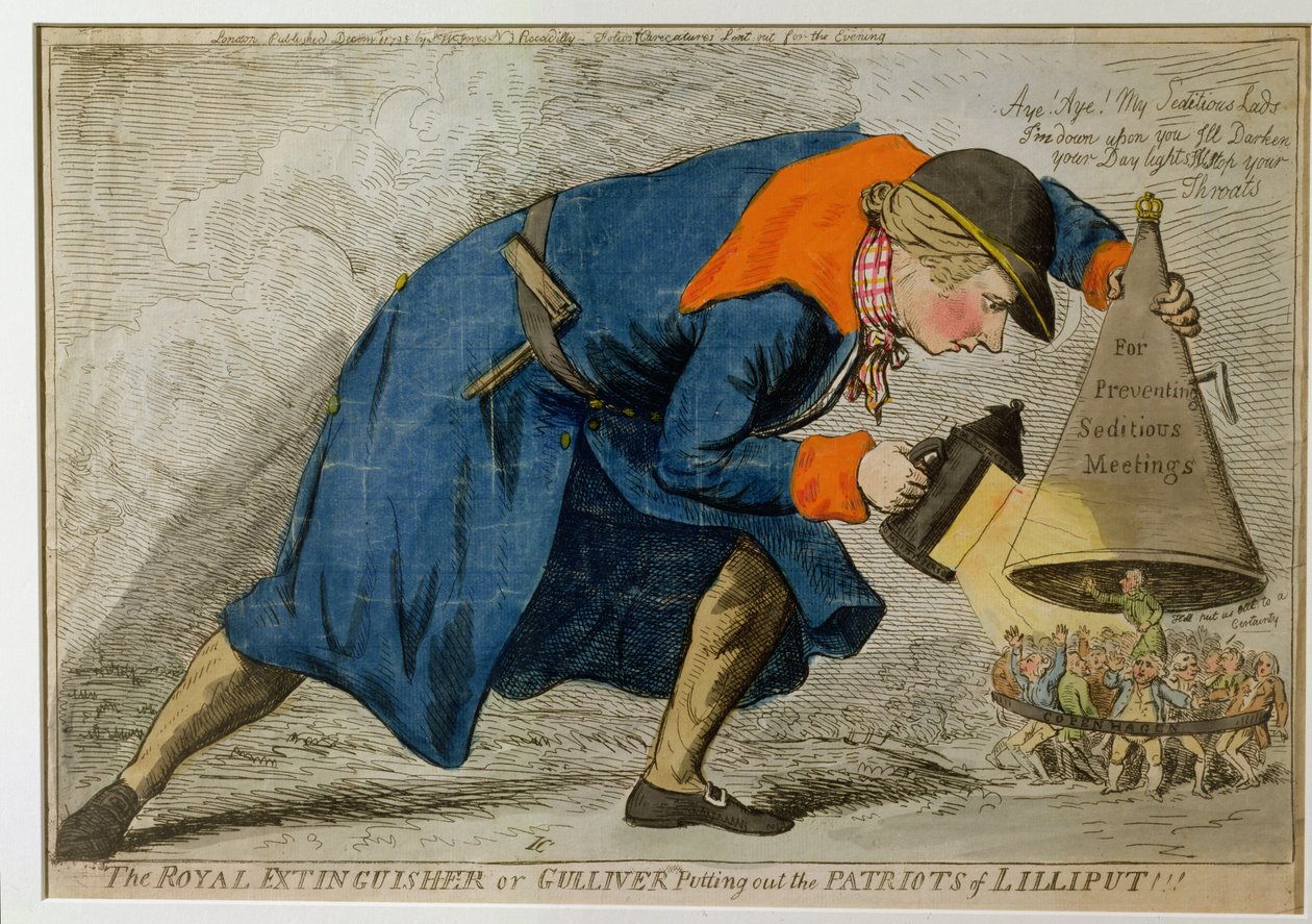 The Royal Extinguisher neboli Gulliver Putting Out the Patriots of Liliput, vydané nakladatelstvím S.W. Požáry v roce 1795 (ručně kolorovaný lept) od James Gillray