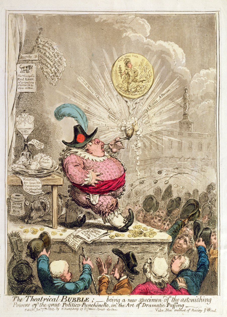 Divadelní bublina: být novým exemplářem úžasných sil ve velkém Politico-Punchinello, v Umění dramatického nafukování, vydané Hannah Humphrey v roce 1805 (ručně kolorovaný lept a akvat od James Gillray