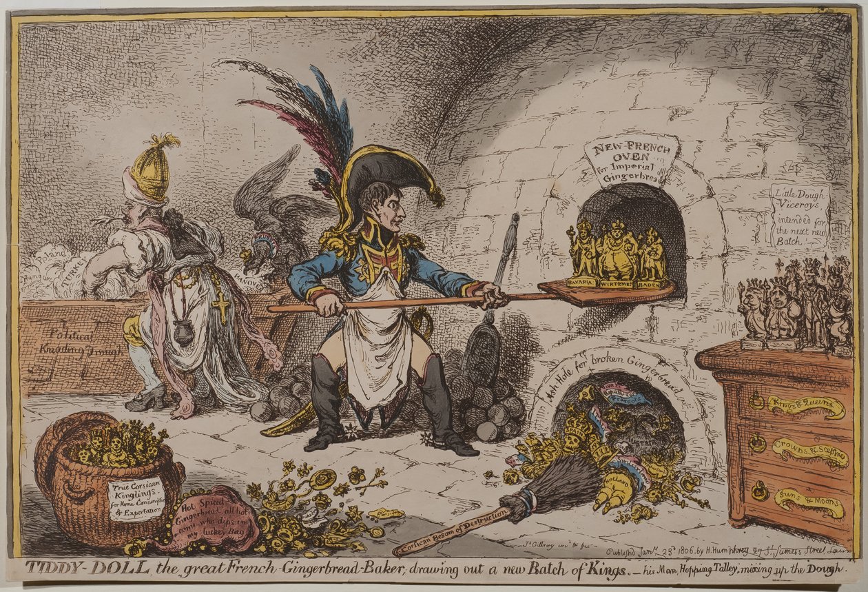 Tiddy-Doll, velký francouzský pekař perníků, kreslící novou dávku králů, 1806 od James Gillray