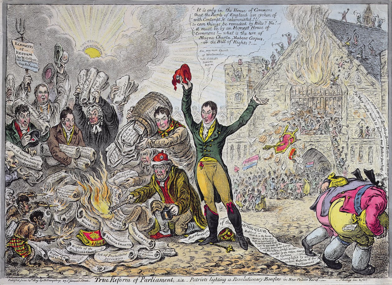 Skutečná reforma parlamentu, tj. Patrioti zapalující revoluční oheň v New Palace Yard, publikovala Hannah Humphrey v roce 1809 (ručně kolorovaný lept) od James Gillray
