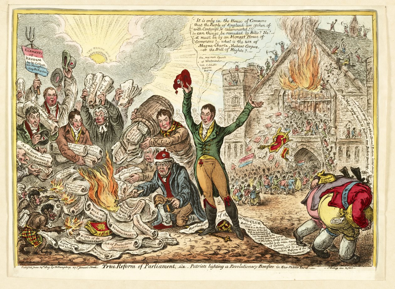 Pravá reforma parlamentu, tedy vlastenci zapalování revolučního ohně v New Palace Yard, hospoda. Hannah Humphrey, 1809 (ručně kolorovaná rytina) od James Gillray
