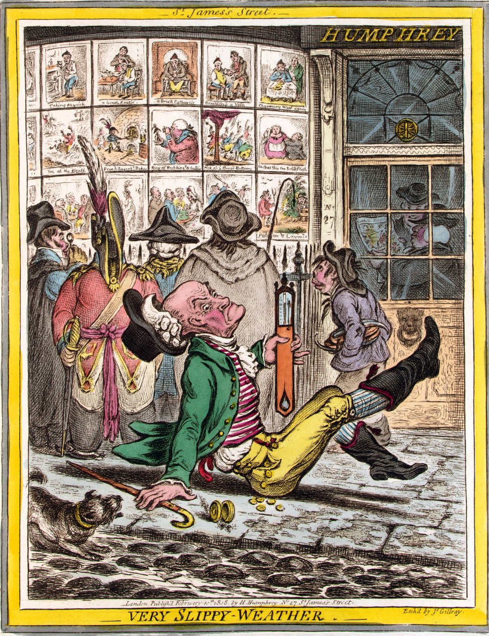 Velmi kluzké počasí, hospoda. 1808 (ručně kolorovaná rytina) od James Gillray