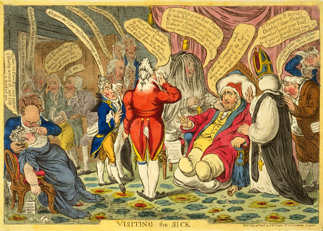 Návštěva nemocných, hospoda. 18. července 1806 (ručně kolorovaná rytina) od James Gillray