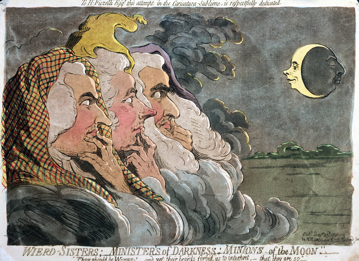 Divné sestry; Ministři temnoty; Minions of the Moon, publikovala Hannah Humphrey, 1791 (lept s akvatintou) od James Gillray