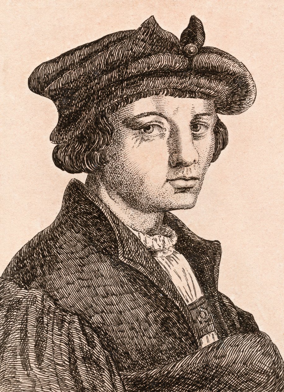 Lucas van Leyden, ilustrace z knihy "75 Portraits Of Celebrated Painters From Authentic Originals", vydané v Londýně roku 1817. od James Girtin