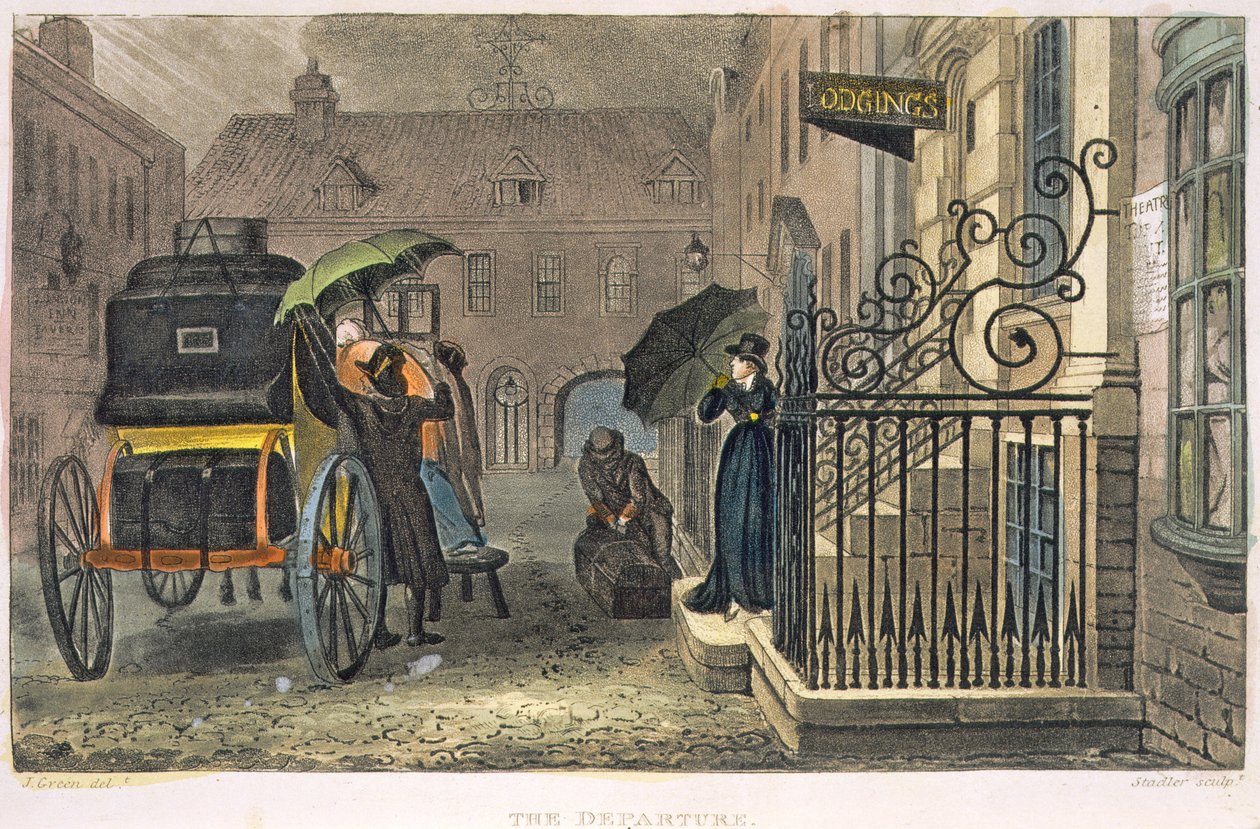 Odjezd, deska z knihy "Poetické skici ze Scarborough", vyryl Joseph Constantine Stadler (fl.1780-1812) pub. 1813 od James Green