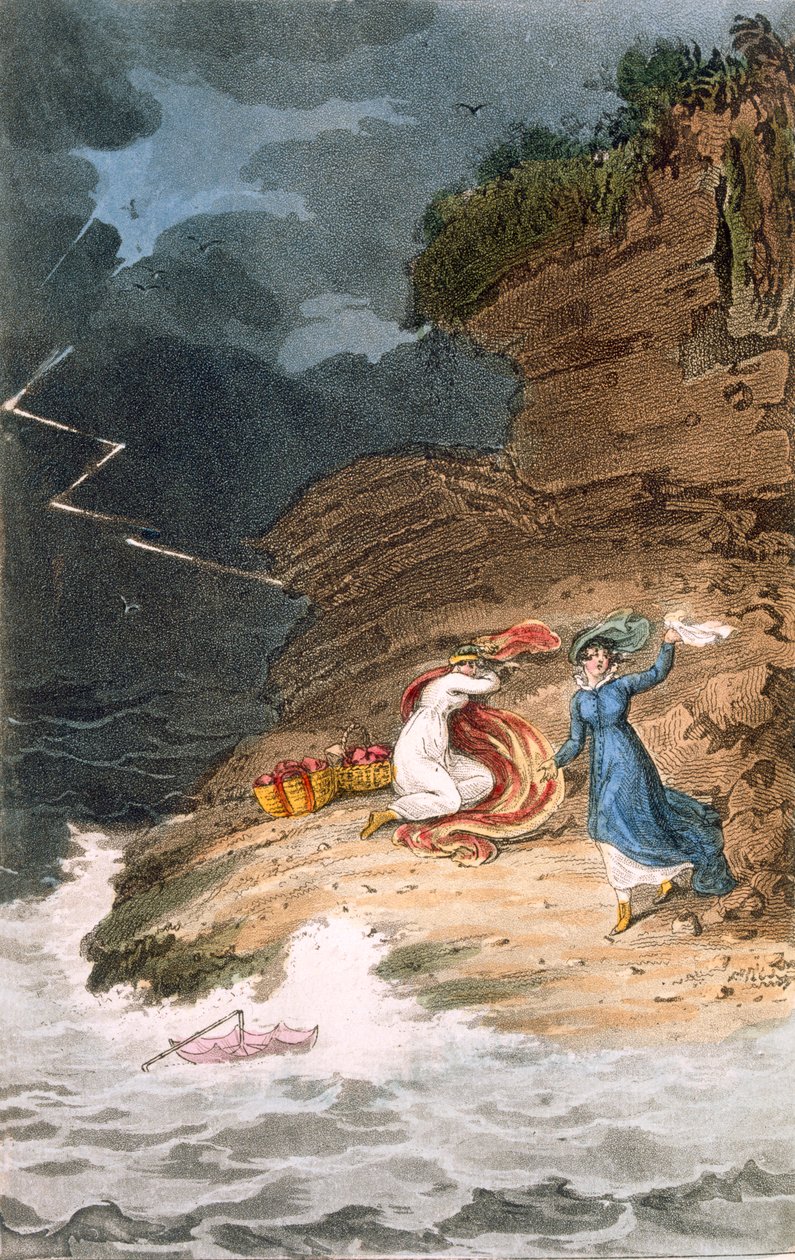 Dvě rané Regency belle zachycené na pobřeží bouří, vyryté Josephem Constantine Stadlerem, kolem 1795-1805 (barevná rytina) od James Green