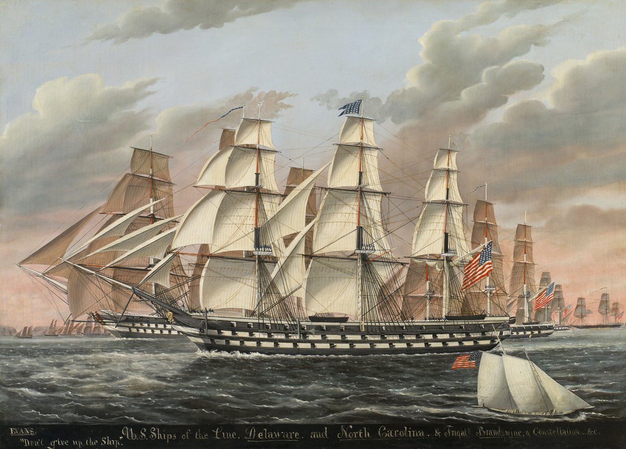 US Ships-of-the-Line a fregaty Delaware a Severní Karolína, Brandywine a Constellation, 1848 od James Guy Evans