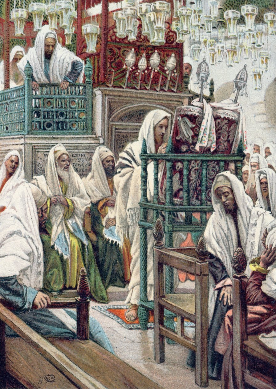 Ježíš rozvinul knihu v synagoze, ilustrace k „La Vie de notre Seigneur Jesus-Christ“, publikované v Tours 1896 od James Jacques Joseph Tissot