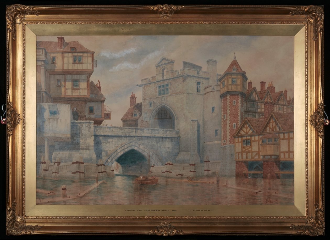 Traitors Gate - Starý londýnský most v roce 1650 (wc) od James Stewart
