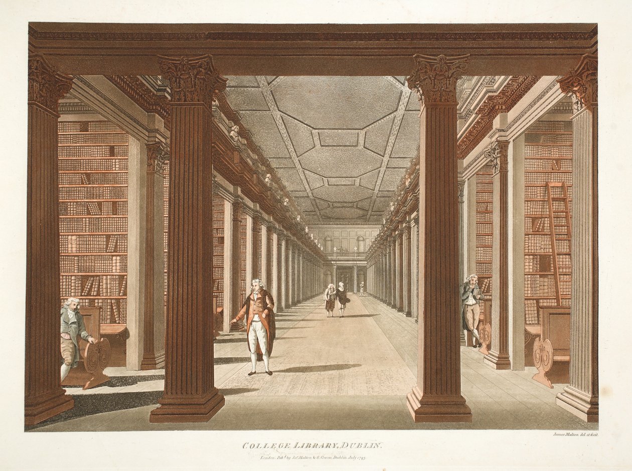 College Library, Dublin, 1793 (ručně kolorovaná rytina) od James Malton