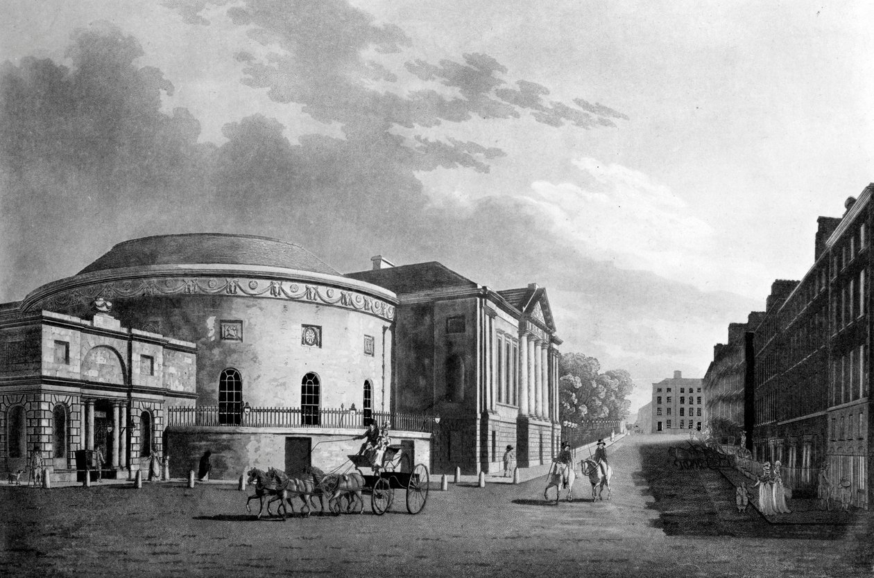 Rotunda und New Rooms, Dublin, 1795 (ručně kolorovaná rytina) od James Malton
