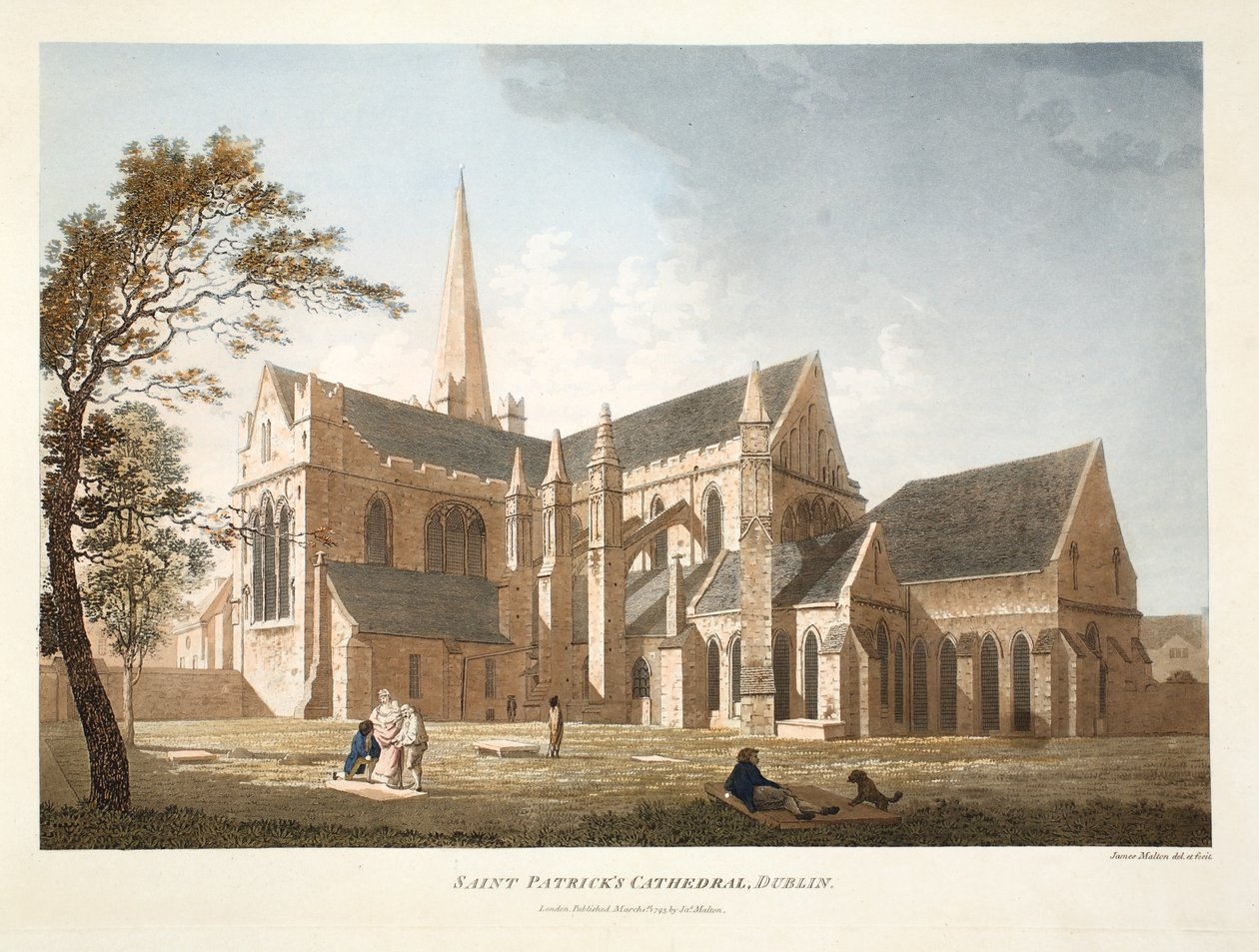 Katedrála svatého Patrika, Dublin, 1793 (ručně kolorovaná rytina) od James Malton