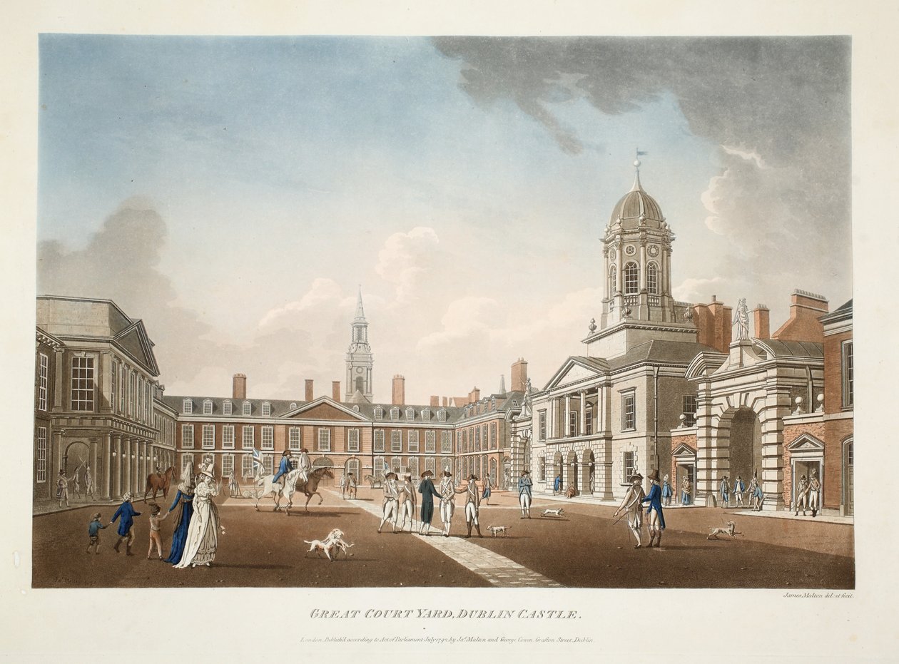 Velké nádvoří, Dublinský hrad, 1792 (ručně kolorovaná rytina) od James Malton