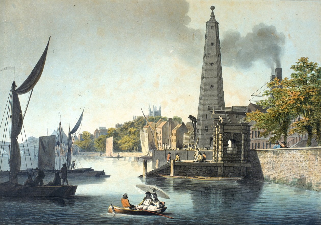 Řeka Temže směrem k Westminsteru s York Water Gate a vodárnou York Building (čb na papíře (tkanina)) od James Malton