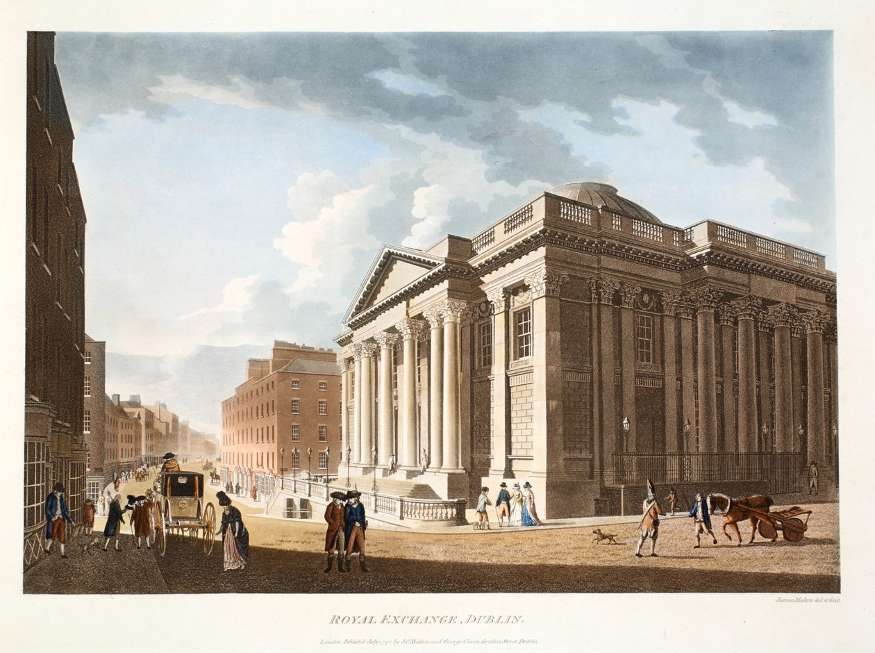 Královská burza, Dublin, 1792 (ručně kolorovaná rytina) od James Malton