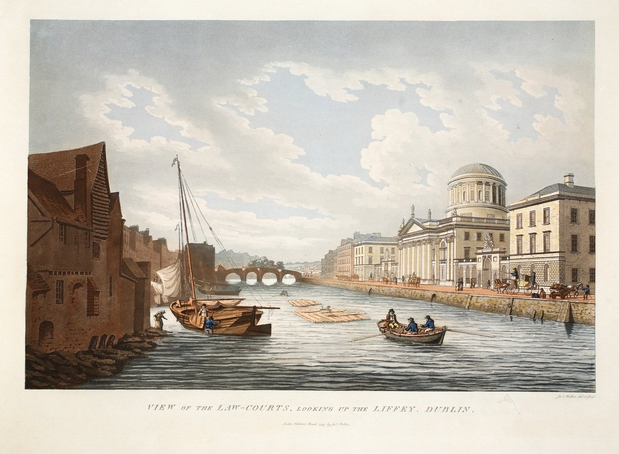 Pohled na soudy při pohledu do Liffey, Dublin, 1799 (ručně kolorovaná rytina) od James Malton
