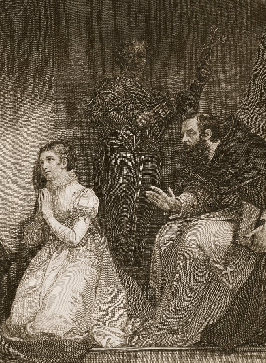 Feckenham z rozkazu královny navštěvuje lady J. Grayovou ve věži, vyryto W. Bromleym, ilustrace z hospody Davida Humea 