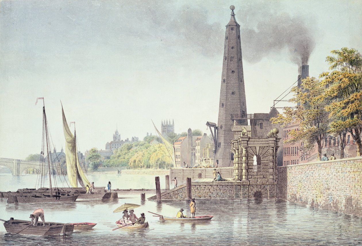York Buildings, při pohledu směrem k Westminsteru, s výhledem na Vodárenskou věž, 1797 (barevná rytina) od James Peller Malcolm