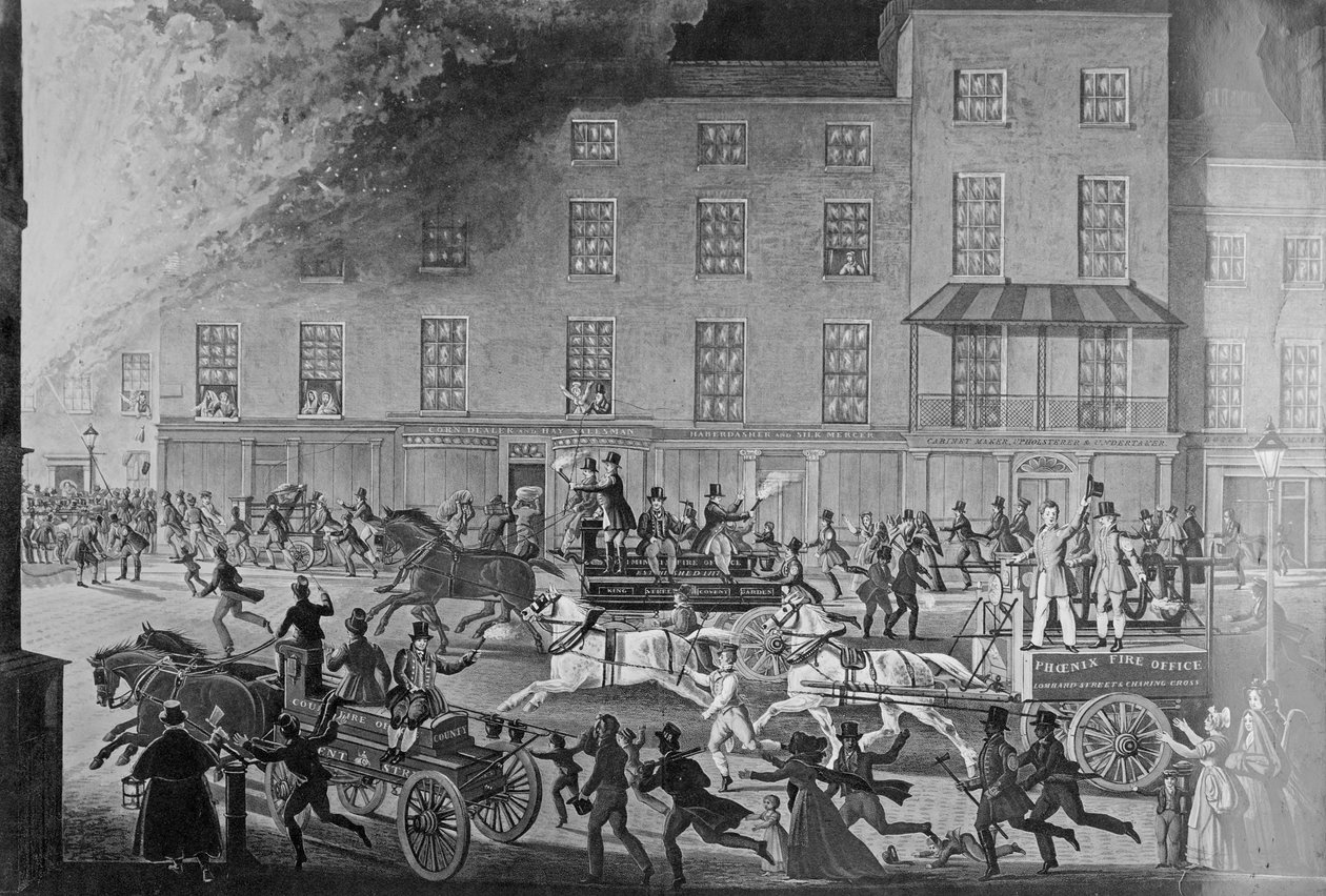 London Fire Engines, vznešení ochránci životů a majetku, vyryl R.G. Rychtář, hospoda. Thomas McLean, kolem roku 1830 od James Pollard