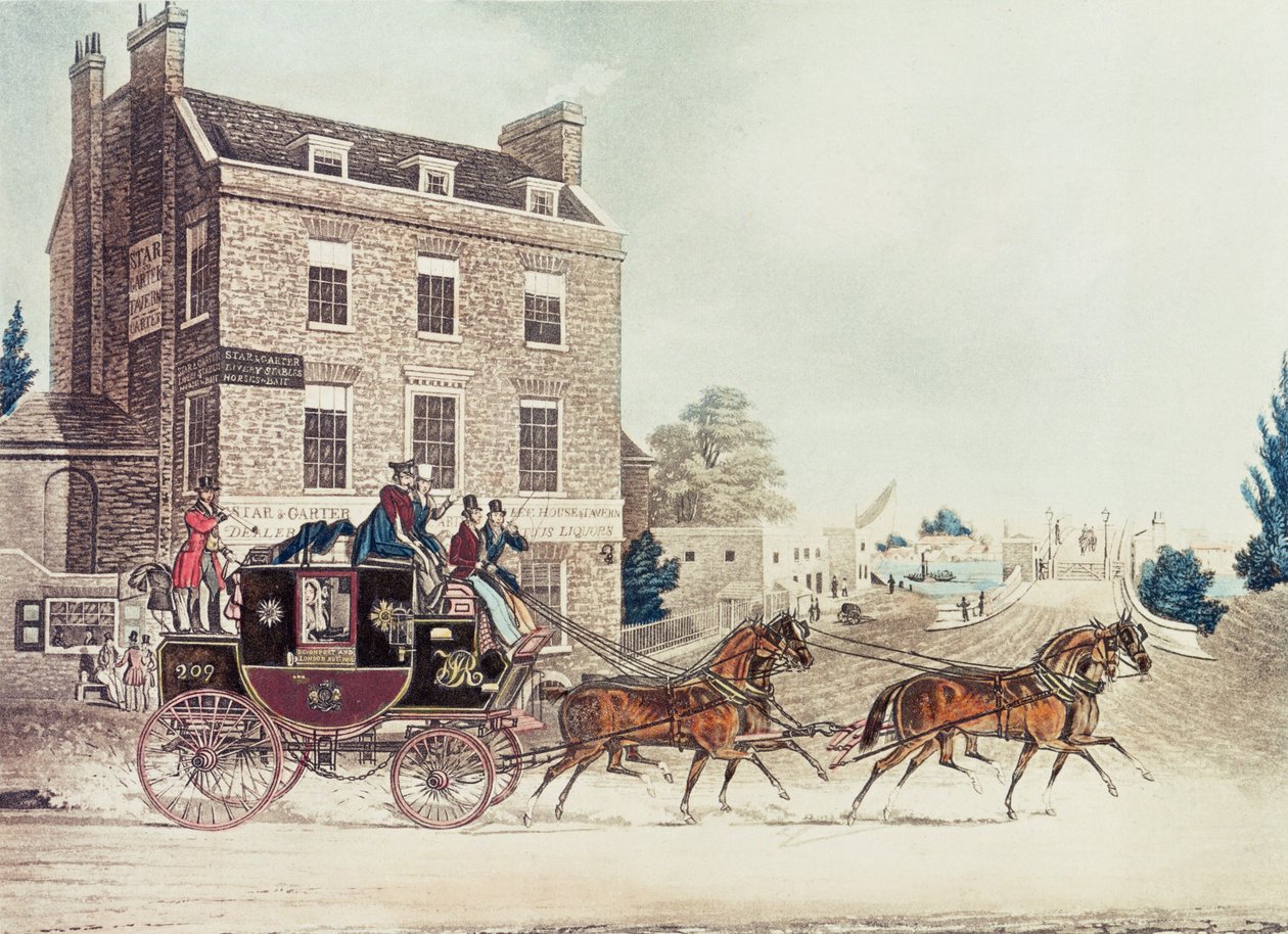 Quicksilver Royal Mail míjející Hvězdu a podvazek u Kew Bridge, 1835 od James Pollard