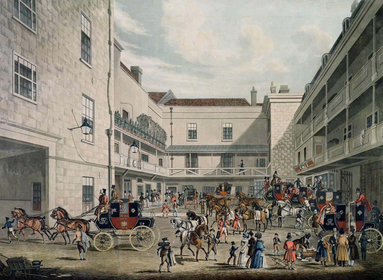 Kočáry královské pošty vyjíždějící z hostince The Swan with Two Necks Inn, Lad Lane, rytina F. Rosenberga, 1831 od James Pollard