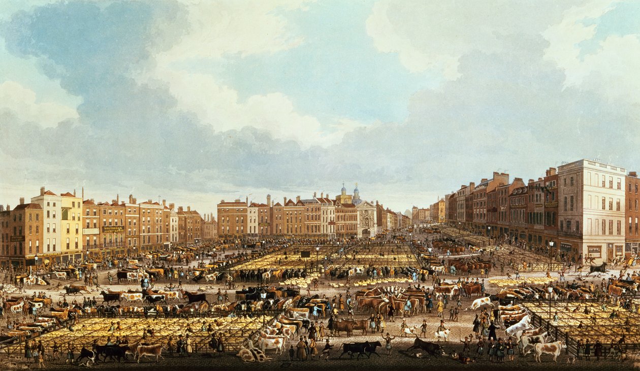 Smithfield Market, vyryl R.G. Rychtář, hospoda. Thomas McLean, 1831 od James Pollard
