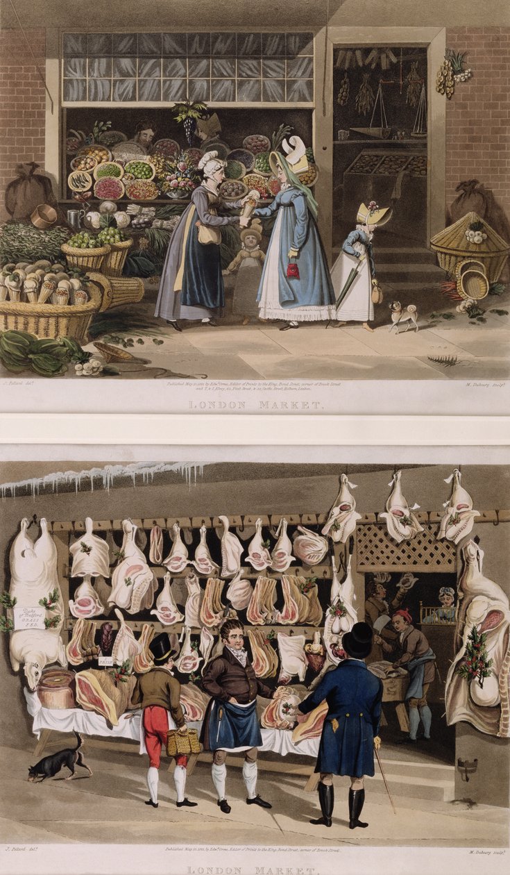Meat Stall a Fruit Stall z londýnských trhů, vyryl M. Dubourg, 1822 od James Pollard