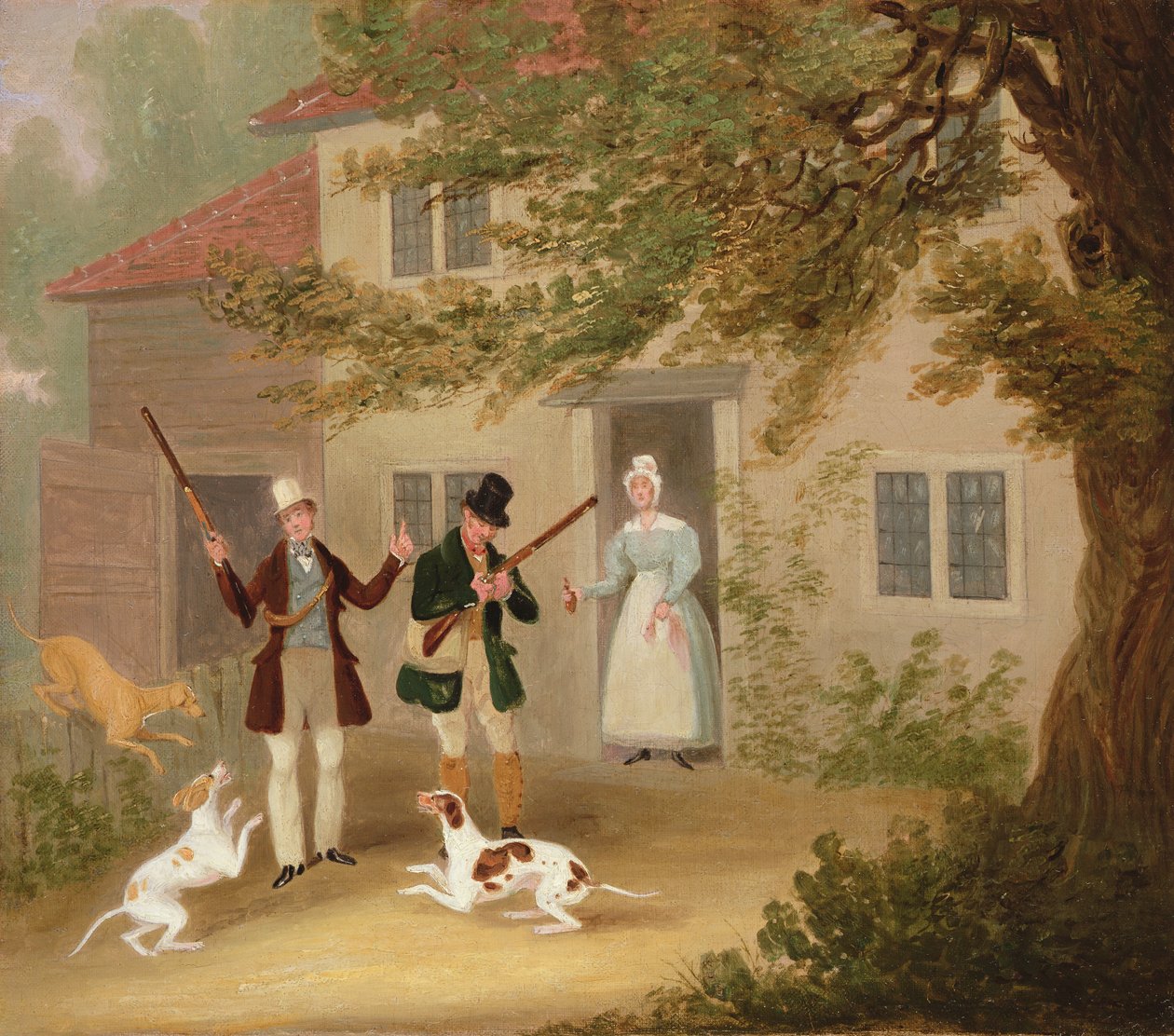 Dva sportovci se svými ukazateli vycházející z chaty, kolem roku 1830 od James Pollard